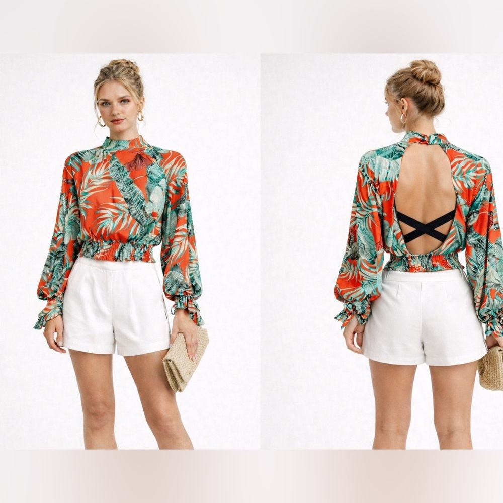 GRACIA open back tropical oranges and green top